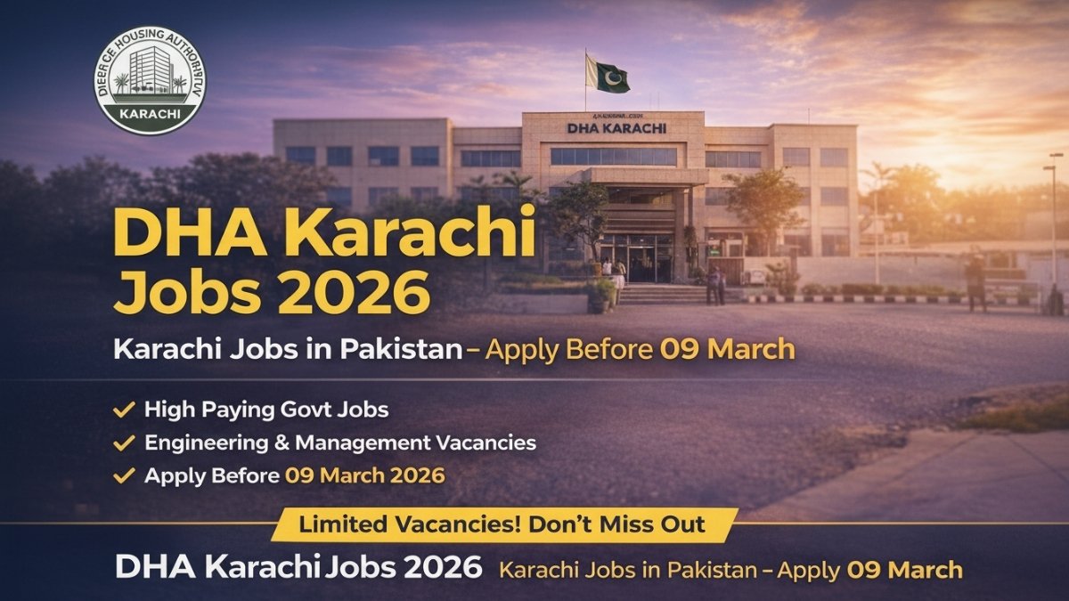 DHA Karachi Jobs 2026 poster for Karachi Jobs in Pakistan – AXEN Civil, SDO E&M, Sub Engineer Civil and Surveyor vacancies, apply before 09 March 2026 via dhakarachi.org